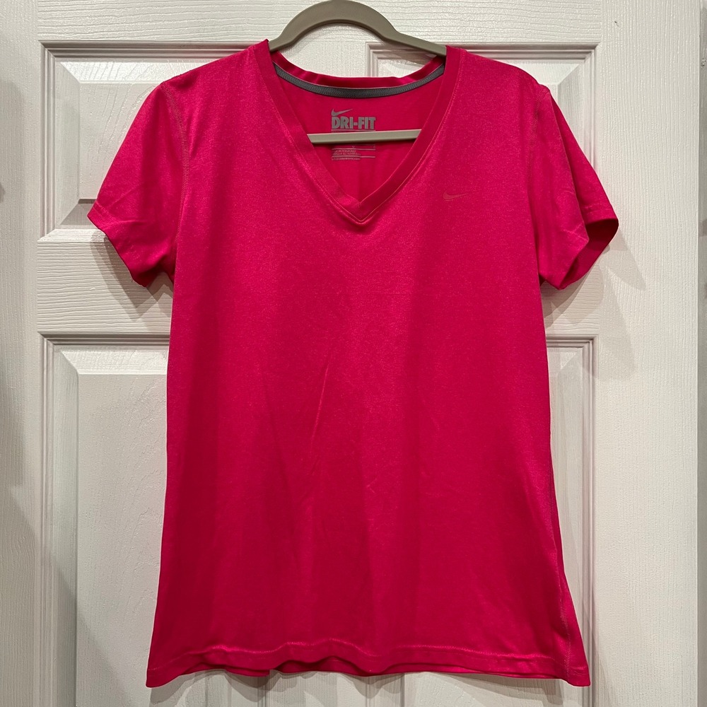 Nike Dri-FIT T-Shirt Polyester Jersey Hot Pink V-Neck Athletic Tee L